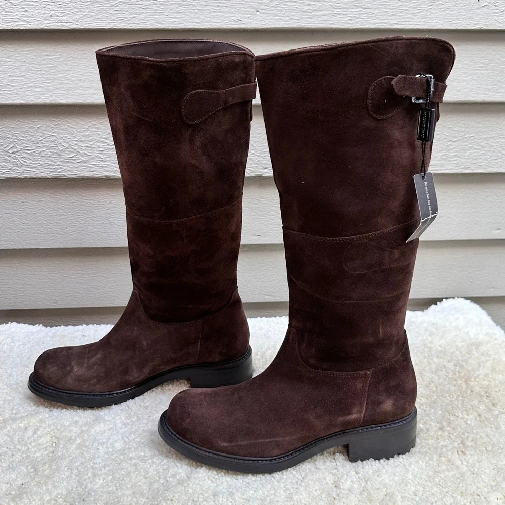 Hand Made in Italy Dark Brown Suede Knee High Riding Boots Lug Sole Women's 39